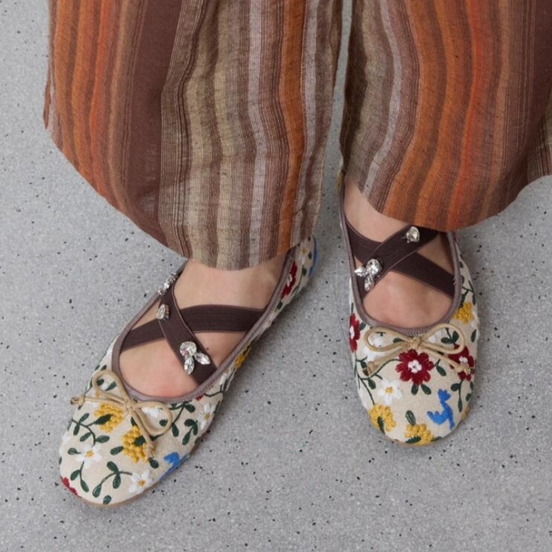Embroidery Yes - Embroidery Flower Ballet Flats Women Rhinestone