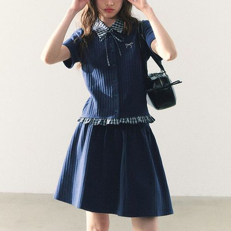 Embroidery Cotton Shirt - Summer Knitted Preppy Style Two Piece