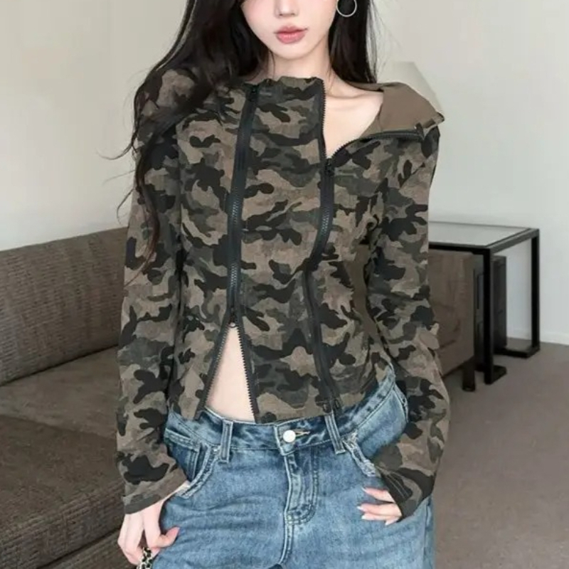 Embroidery Zip Up Hoodie - Women Camo Zip-up Hoodie Cropped Fit