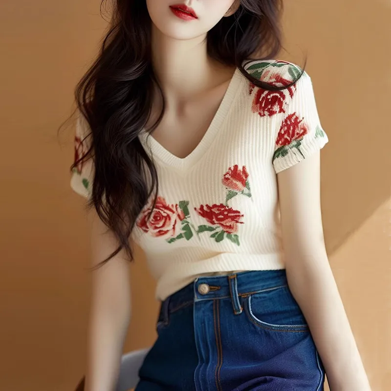 Embroidery Rose - Women's Beige V Neck Knit Top