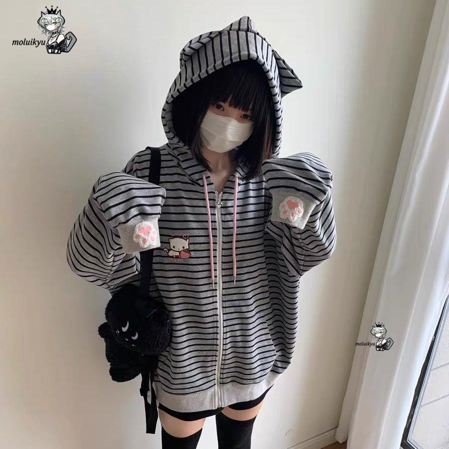 Embroidery Zip Up Hoodie - Y2K Women Striped Zip Up Jacket