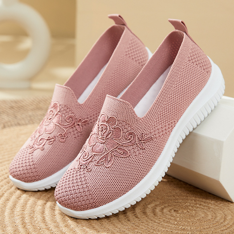 Embroidery Flower - Flower Embroidery Knit Mesh Slip On