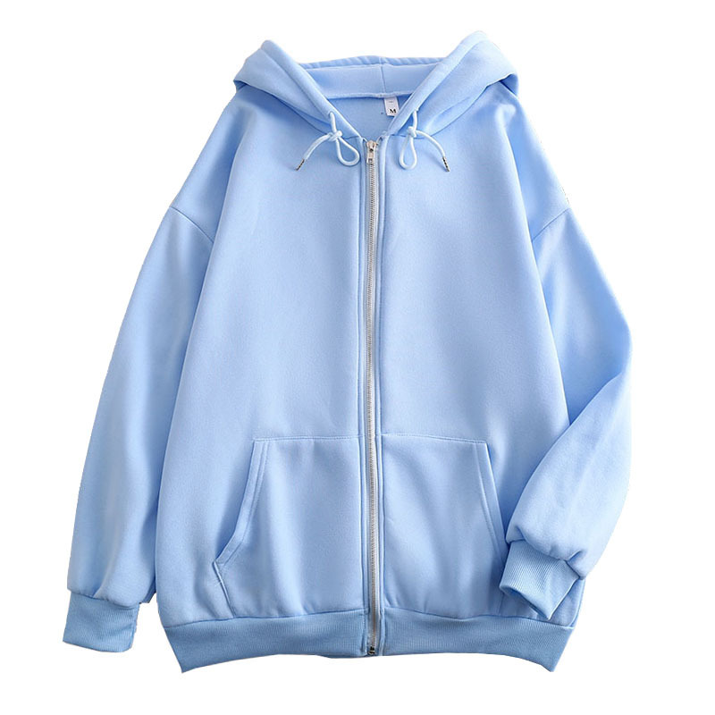 Embroidery Zip Up Hoodie - Spring and Autumn Zipper Solid Color