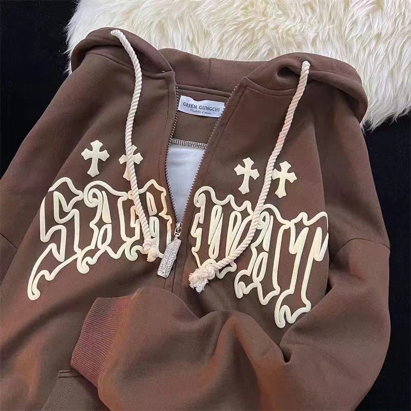Embroidery Zip Up Hoodie - Phụ Nữ Vintage Khóa Kéo Lên