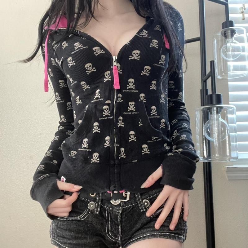 Embroidery Zip Up Hoodie - Gothic Skeleton Print Cardigan Contrast Hooded