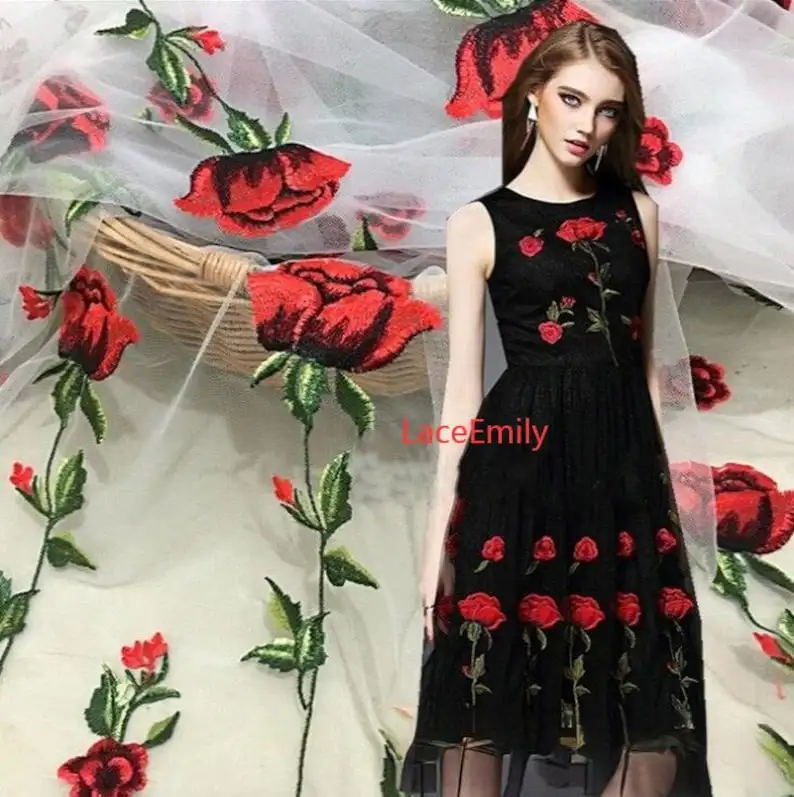 Embroidery Rose - Red Rose Lace Fabric flower embroidery