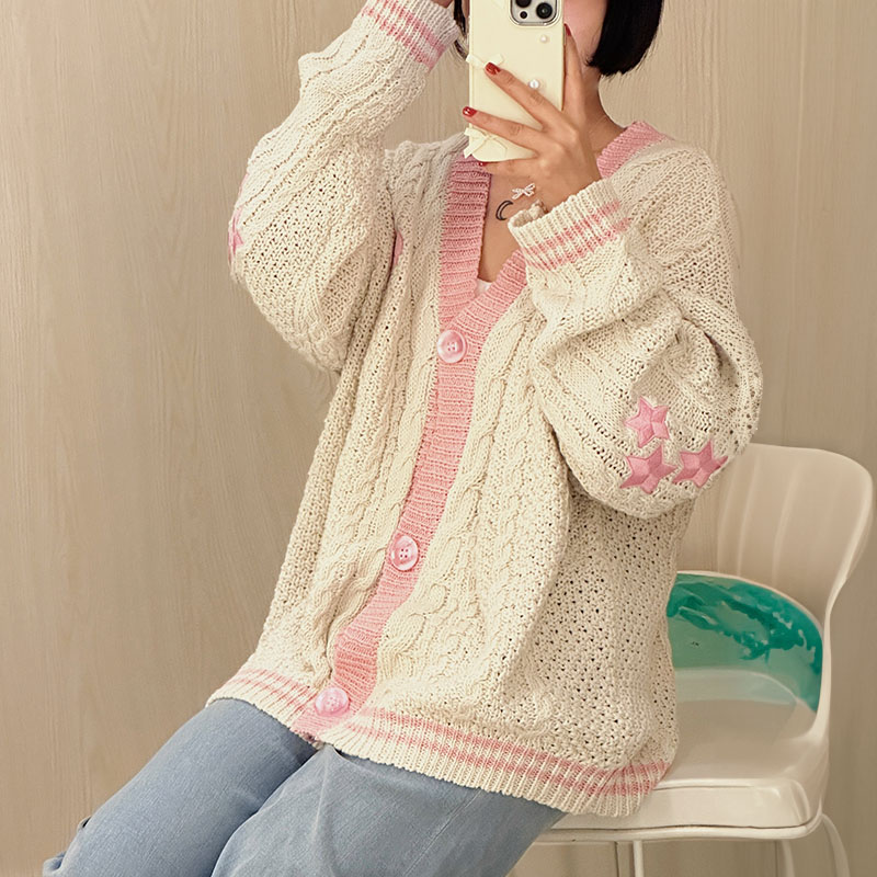 Embroidery Lovers - Lover Cardigan with Star Embroidery Pink