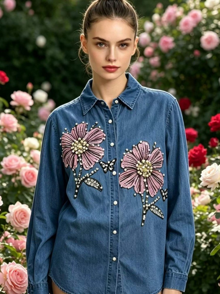 Embroidery Cotton Shirt - Women Denim Embroidery Blouses Spring Autumn