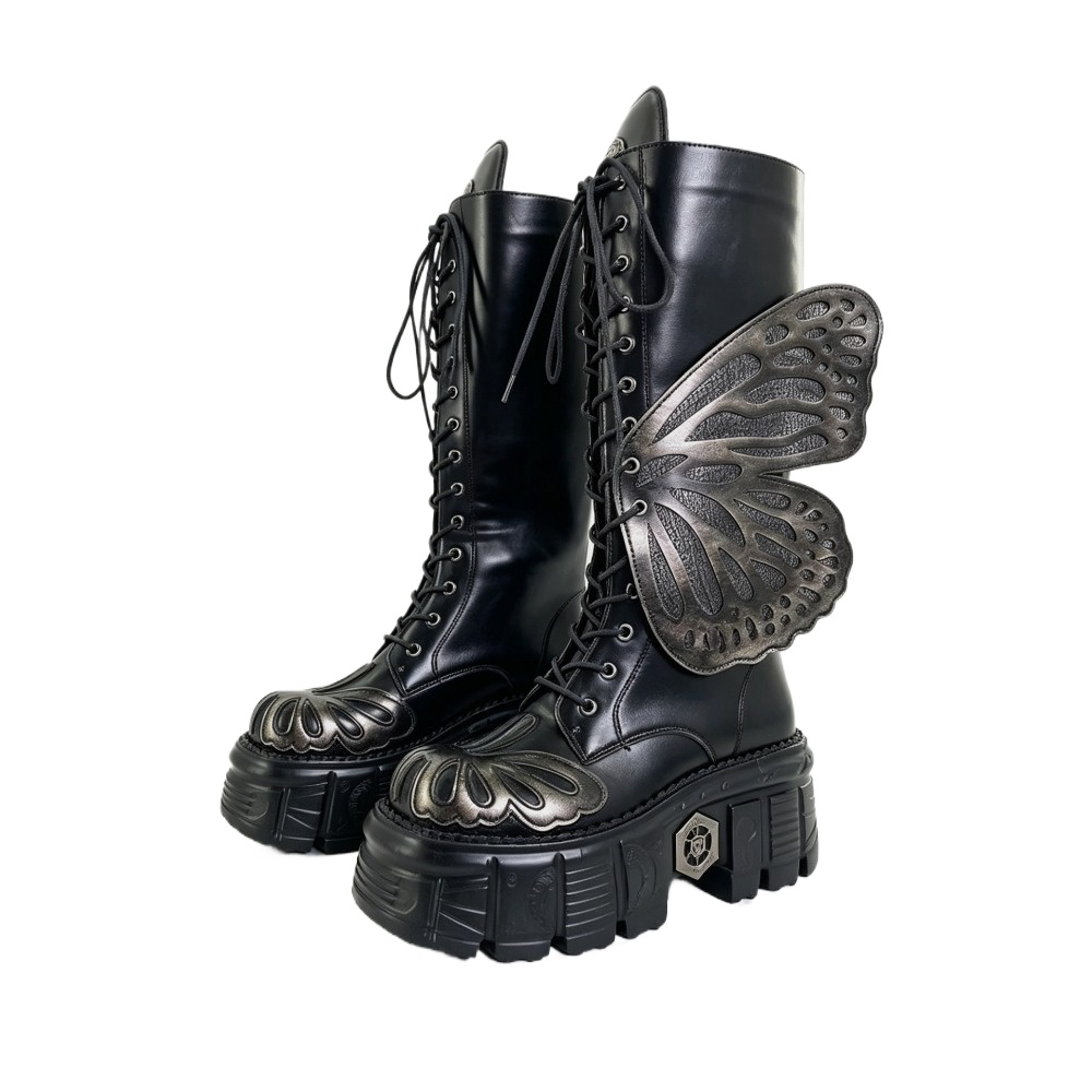 Embroidery Yes - Fashion Butterfly Black Punk Motorcycle Boots