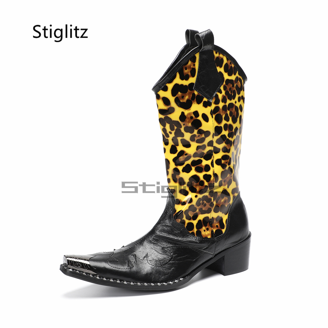 Embroidery Print - Men's Leopard Print Riding Boots Embroidery