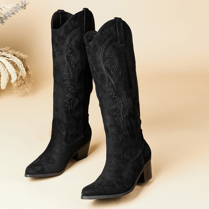 Embroidery Yes - Women's Pointed Toe Suede Embroidery Mid‑Calf
