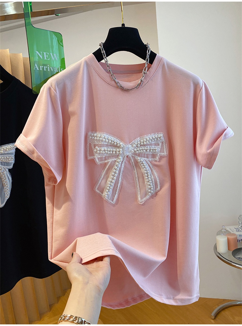 Embroidery Cotton Shirt - Pearl Knot Short Sleeve T-Shirt Women's