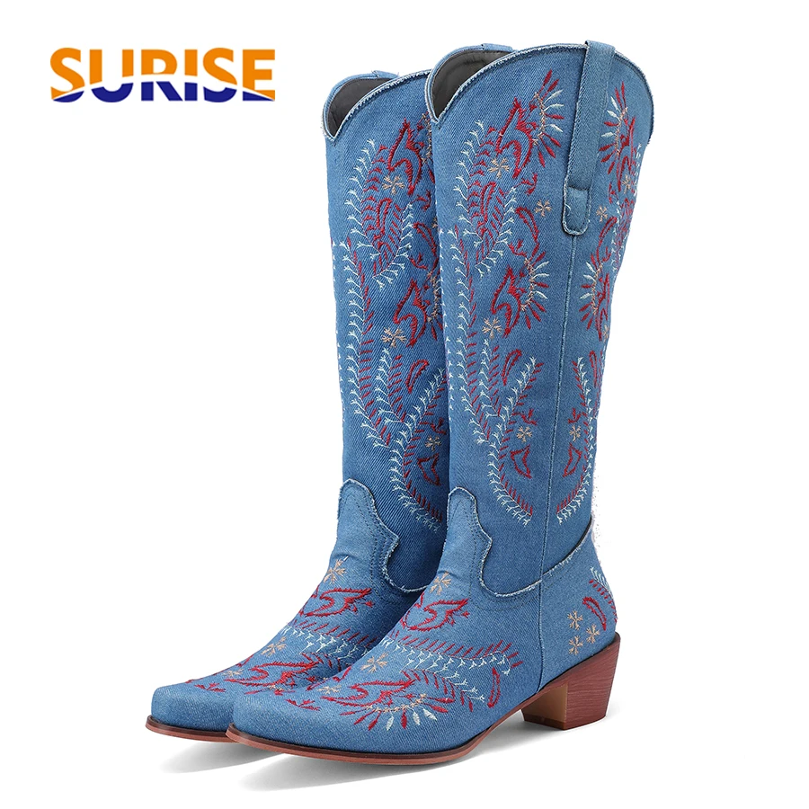 Embroidery Yes - Blue Denim Western Cowgirl Knee High