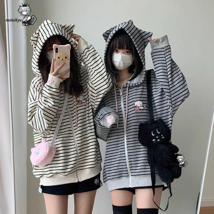 Y2K Women Striped Zip Up Jacke - đánh giá và giá Embroidery Zip Up Hoodie