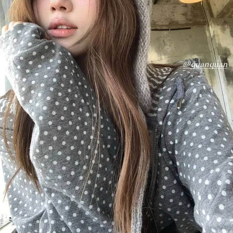 Korean Polka Dot Casual Printe - đánh giá và giá Embroidery Zip Up Hoodie