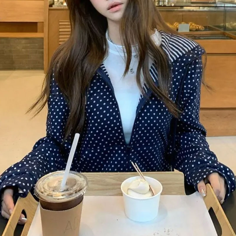 Korean Polka Dot Casual Printe - đánh giá và giá Embroidery Zip Up Hoodie