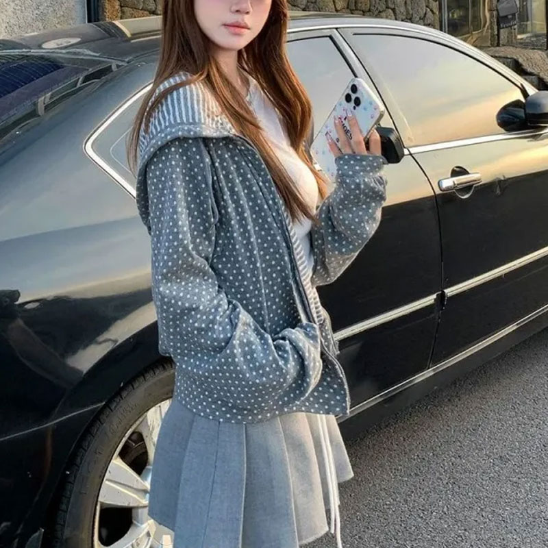 Korean Polka Dot Casual Printe - đánh giá và giá Embroidery Zip Up Hoodie