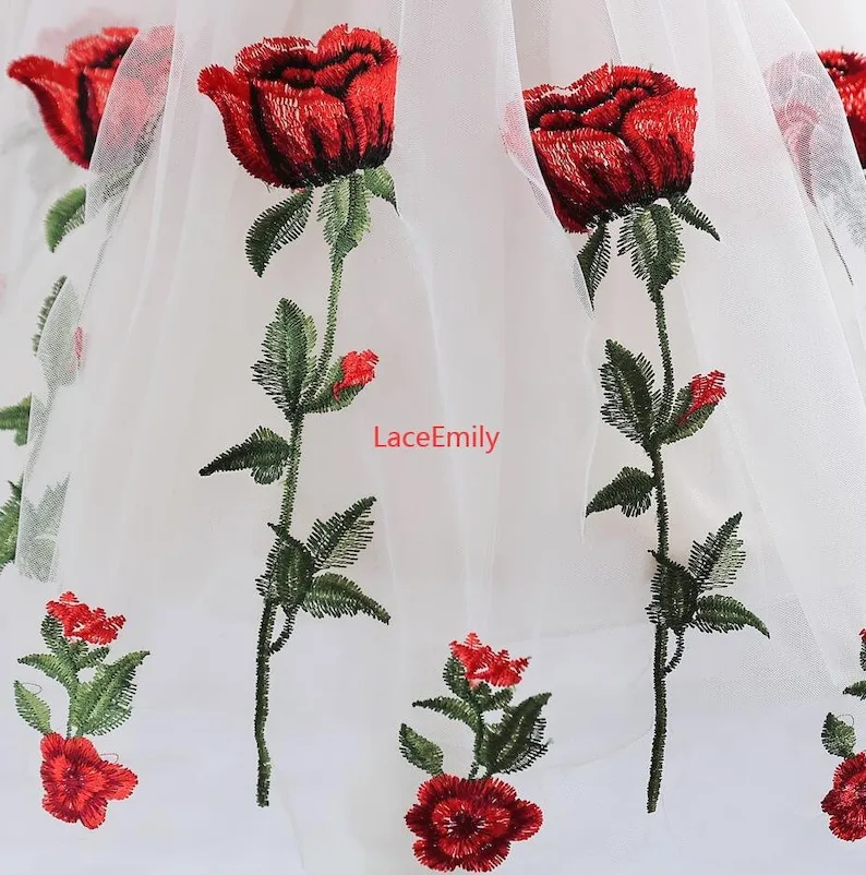Red Rose Lace Fabric flower em - đánh giá và giá Embroidery Rose