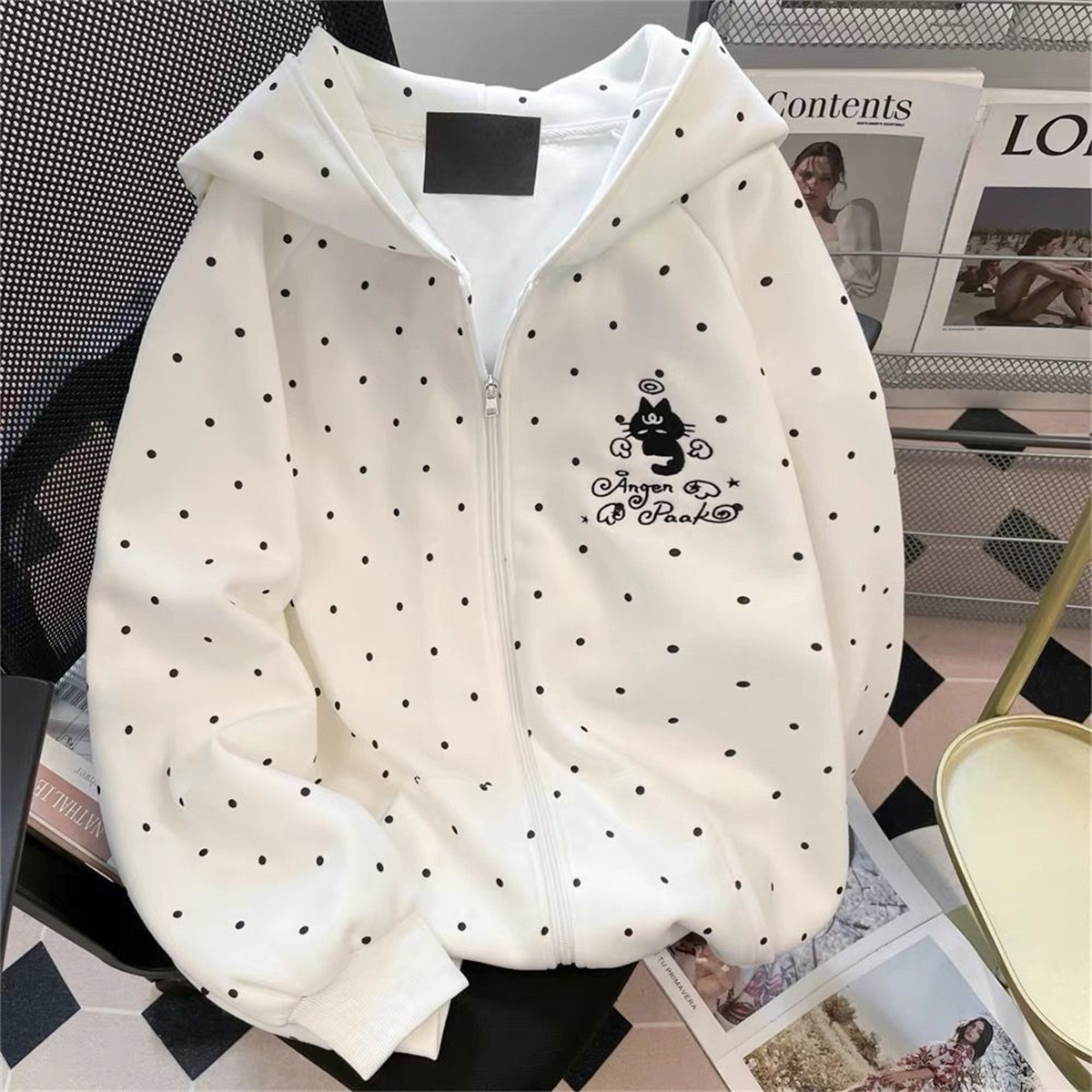 Cute Polka Dot Cat Embroidered - đánh giá và giá Embroidery Zip Up Hoodie