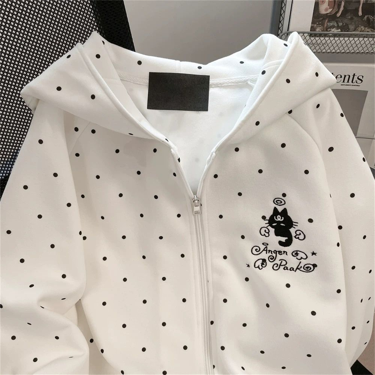 Cute Polka Dot Cat Embroidered - đánh giá và giá Embroidery Zip Up Hoodie
